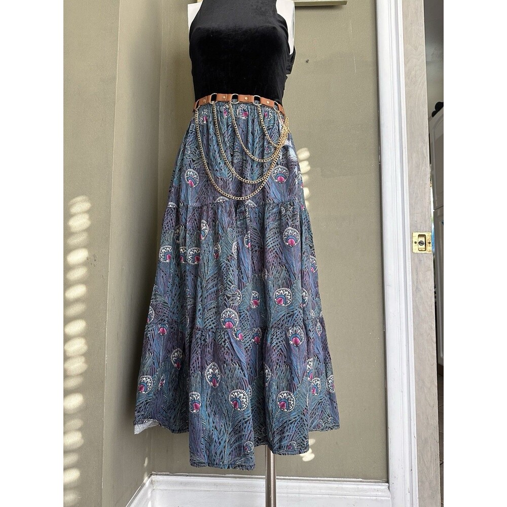 Vintage Joby Design Full Maxi Skirt‎ Peacock Feather Teal Purple S/M  Boho USA - Picture 12 of 12